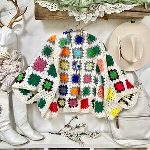 Artisan Granny Square boho kimono cover up w farmhouse prairie vibe